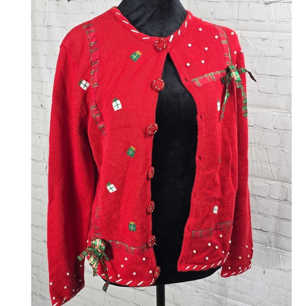 Vintage Planet & Company Christmas Cardigan‎ Sweater Presents Red S NWT